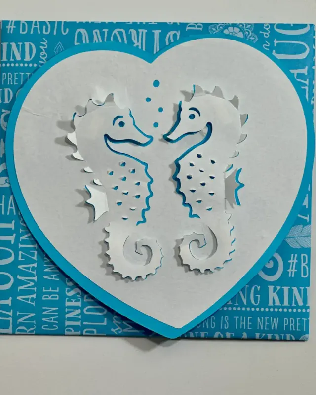 hand made intricately cut dimensional sea horses with 3d effect card