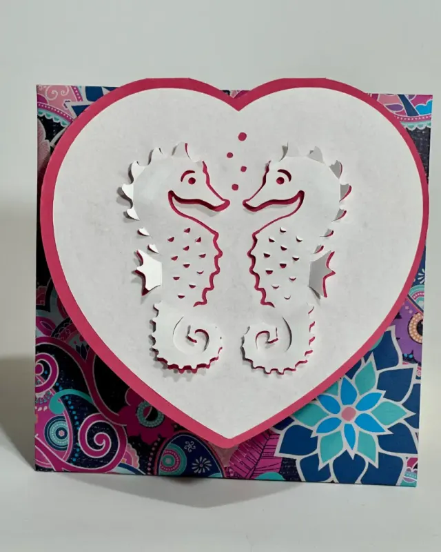 hand made intricately cut dimensional sea horses with 3d effect card